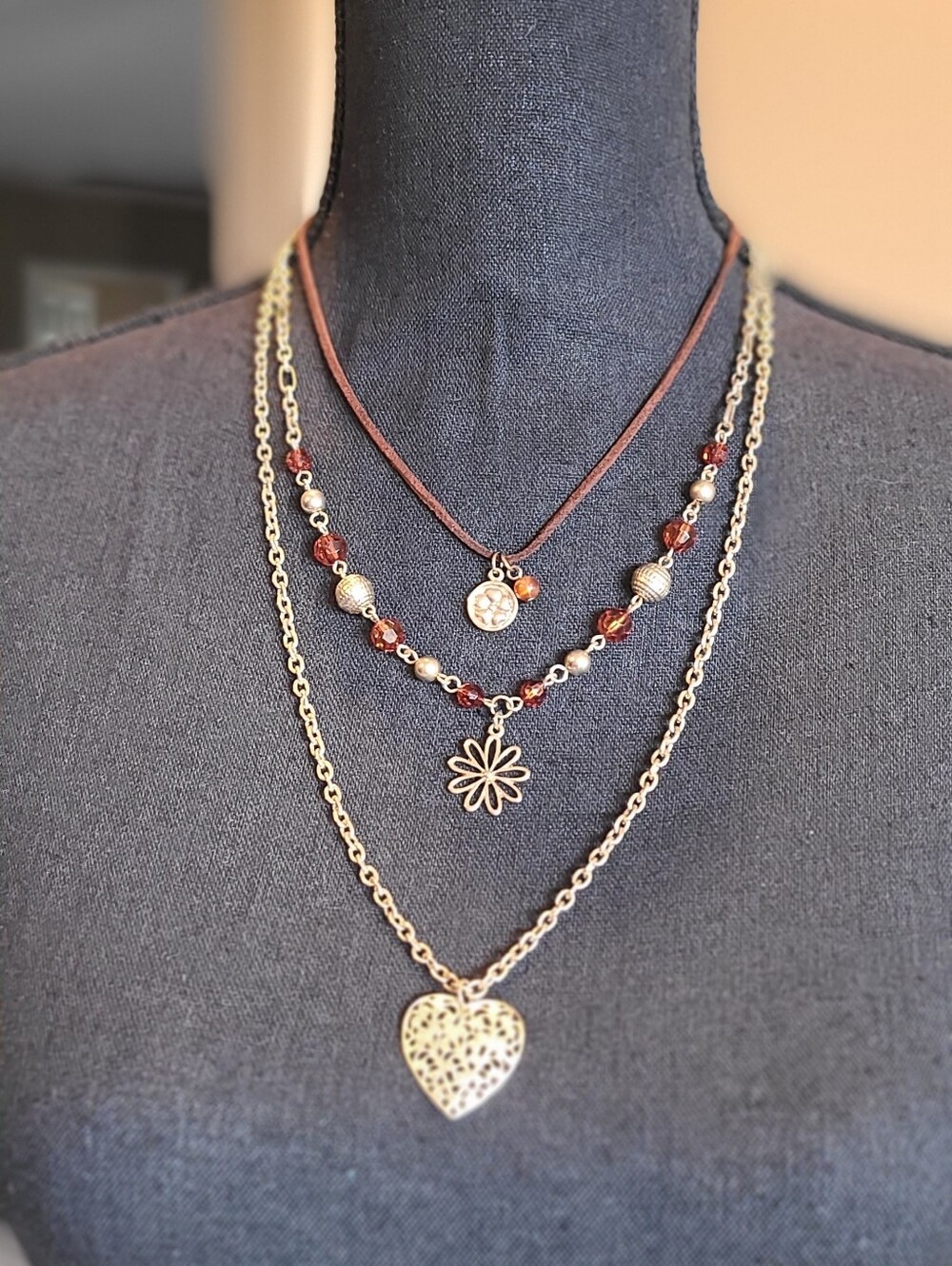 Layered Gold-Tone and Brown Bead Heart & Daisy Pendant Necklace Set